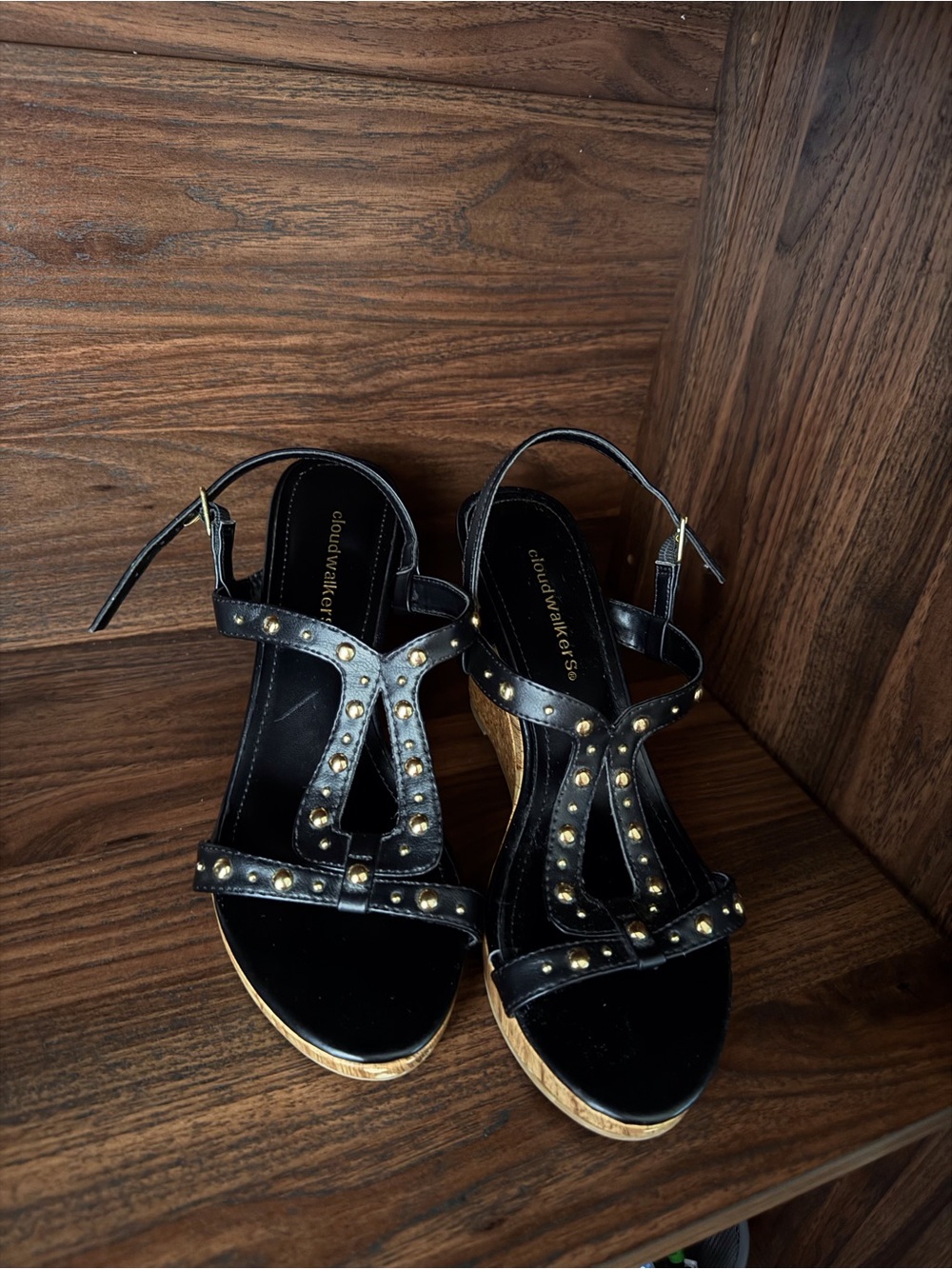Black Wedge Sandals with Gold Studs